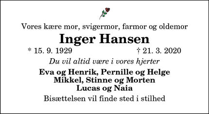 Dødsannoncen for Inger Hansen - Birkerød
