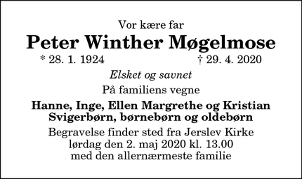 Dødsannoncen for Peter Winther Møgelmose - Jerslev