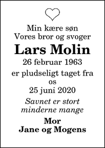 Dødsannoncen for Lars Molin - 9740 jerslev