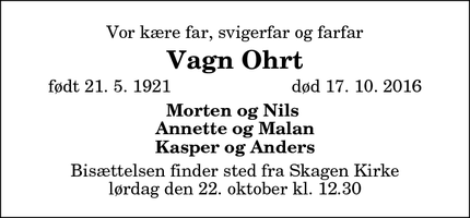 Dødsannoncen for Vagn Ohrt - Skagen