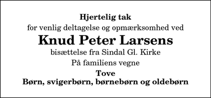 Taksigelsen for Knud Peter Larsens - Søholt 9750 Østervrå