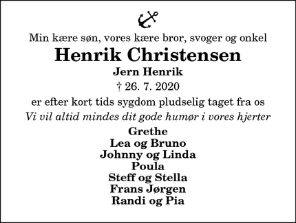 Dødsannoncen for Henrik Christensen - Hirtshals