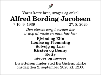 Dødsannoncen for Alfred Bording Jacobsen - Gistrup