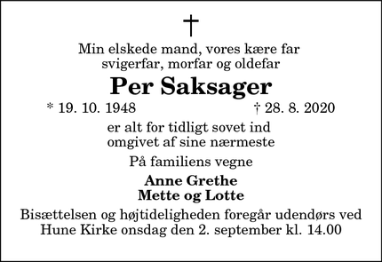 Dødsannoncen for Per Saksager - Blokhus