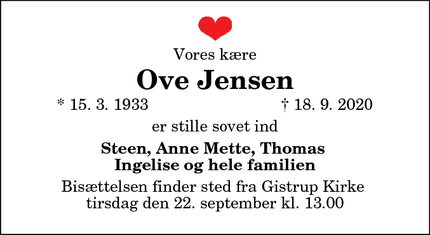 Dødsannoncen for Ove Jensen - Roskilde