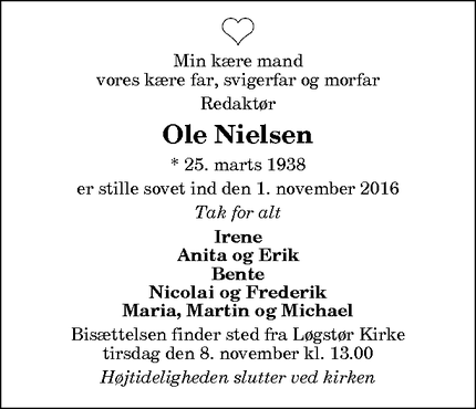 Dødsannoncen for Ole Nielsen - Løgstør