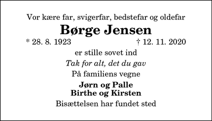 Dødsannoncen for Børge Jensen - Aalborg
