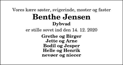 Dødsannoncen for Benthe Jensen - Dybvad