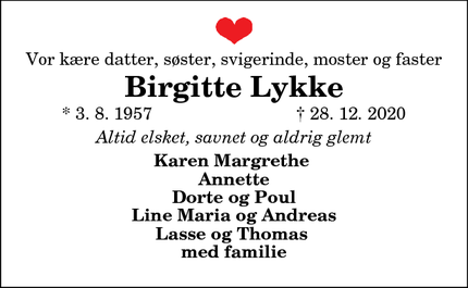 Dødsannoncen for Birgitte Lykke - Klokkerholm 