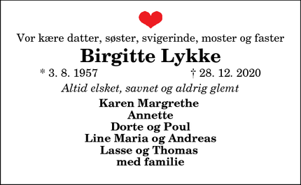 Dødsannoncen for Birgitte Lykke - Klokkerholm