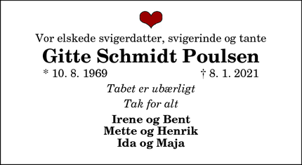 Dødsannoncen for Gitte Schmidt Poulsen - Skalborg