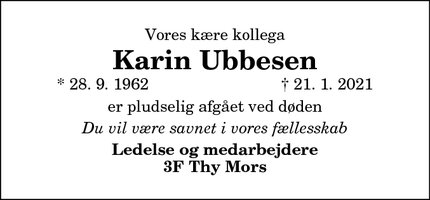 Dødsannoncen for Karin Ubbesen - Thy Mors