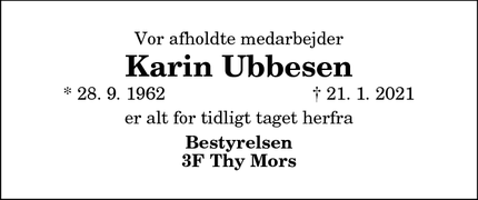 Dødsannoncen for Karin Ubbesen - Thy Mors