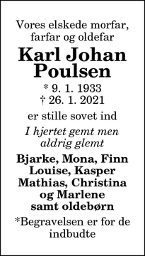 Dødsannoncen for Karl Johan
Poulsen - Brønderslev 
