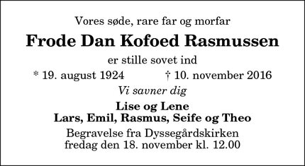 Dødsannoncen for Frode Dan Kofoed Rasmussen - Vangede