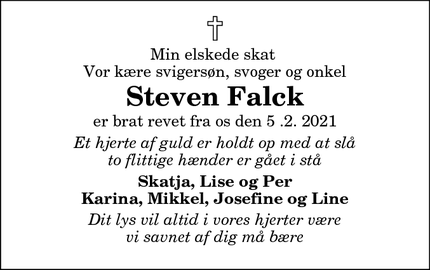 Dødsannoncen for Steven Falck - Snedsted 7752