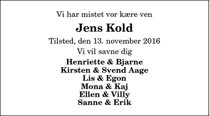 Dødsannoncen for Jens Kold - Tilsted
