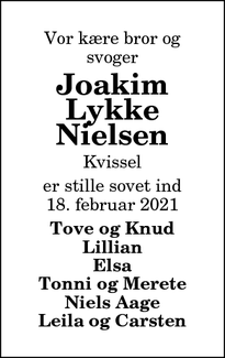 Dødsannoncen for Joakim Lykke Nielsen - Sindal