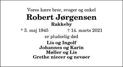 Dødsannoncen for Robert Jørgensen - Rakkeby v. Vrå 