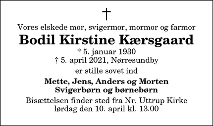 Dødsannoncen for Bodil Kirstine Kærsgaard - Nørresundby