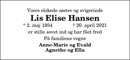 Dødsannoncen for Lis Elise Hansen - Sæby
