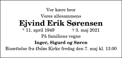 Dødsannoncen for Ejvind Erik Sørensen - Øsløs