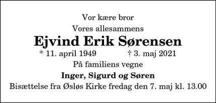 Dødsannoncen for Ejvind Erik Sørensen - Øsløs
