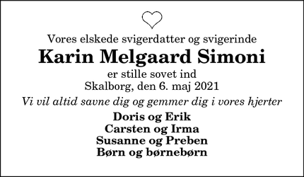 Dødsannoncen for Karin Melgaard Simoni - Aalborg