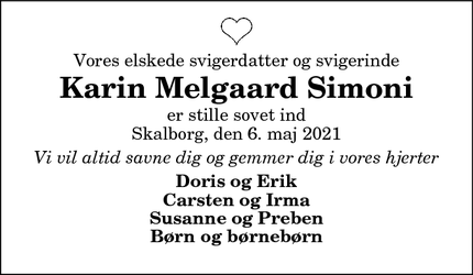 Dødsannoncen for Karin Melgaard Simoni - Aalborg