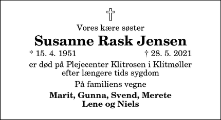 Dødsannoncen for Susanne Rask Jensen - Thisted