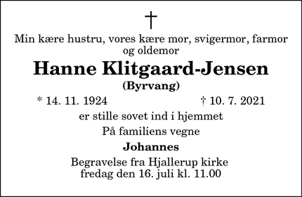 Dødsannoncen for Hanne Klitgaard-Jensen - Hjallerup