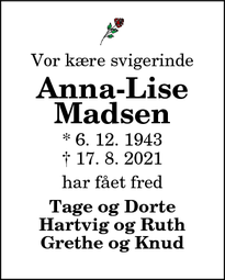 Dødsannoncen for Anna-Lise
Madsen - Bedsted