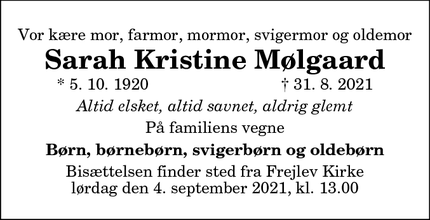 Dødsannoncen for Sarah Kristine Mølgaard - Aalborg SV