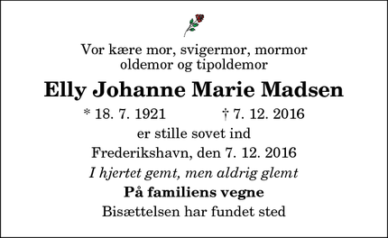 Dødsannoncen for Elly Johanne Marie Madsen - Frederiksberg