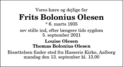 Dødsannoncen for Frits Bolonius Olesen - Aalborg