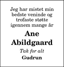 Dødsannoncen for Ane Abildgaard - Fræer
