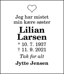 Dødsannoncen for Lilian
Larsen - Frederikshavn