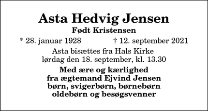 Dødsannoncen for Asta Hedvig Jensen - Malling