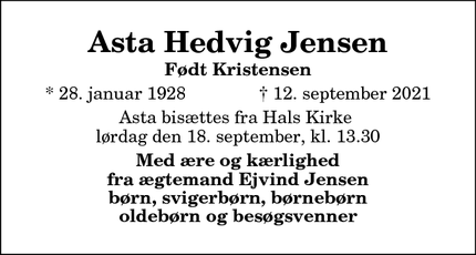 Dødsannoncen for Asta Hedvig Jensen - Malling