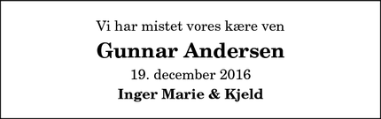 Dødsannoncen for Gunnar Andersen - Aalborg