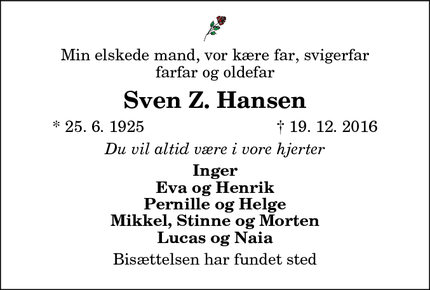 Dødsannoncen for Sven Z. Hansen - Svenstrup J
