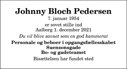 Dødsannoncen for Johnny Bloch Pedersen - Aalborg