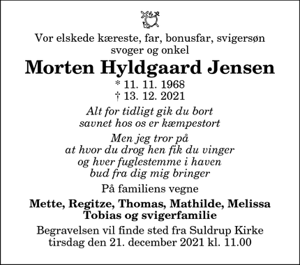 Dødsannoncen for Morten Hyldgaard Jensen - Aalborg Øst