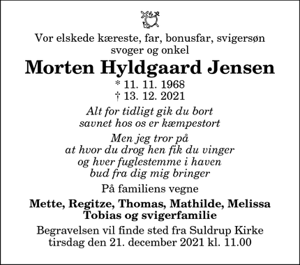 Dødsannoncen for Morten Hyldgaard Jensen - Aalborg Øst