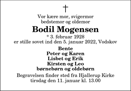 Dødsannoncen for Bodil Mogensen - Hjallerup