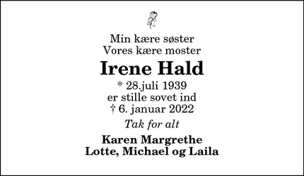 Dødsannoncen for Irene Hald - Ræhr, 7730 Hanstholm