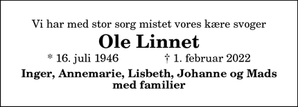 Dødsannoncen for Ole Linnet - Snedsted