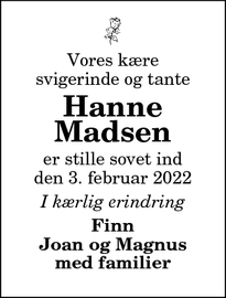 Dødsannoncen for Hanne
Madsen - 9330 Dronninglund