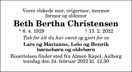 Dødsannoncen for Beth Bertha Christensen - Aalborg