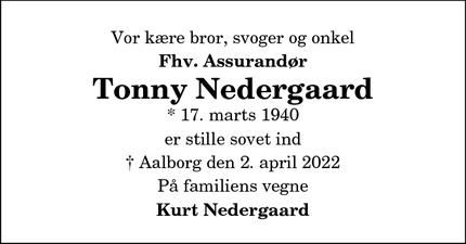 Dødsannoncen for Tonny Nedergaard - Aalborg